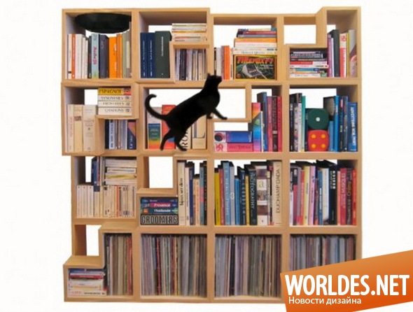 дизайн мебели, дизайн полок, дизайн стеллажей, полки, книжные полки, полки для книг, оригинальные полки, стеллажи, книжные полки для игры кошек